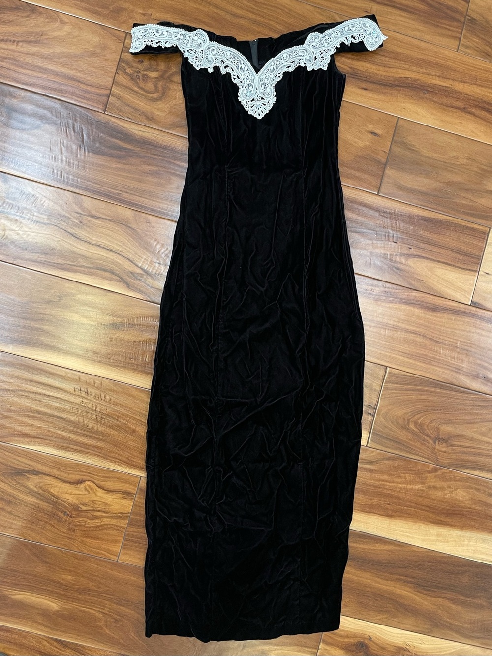 vintage 90’s black velvet off-the-shoulder formal maxi dress white lace trim
